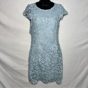 Lulus Light Blue Floral Lace Mini Dress Medium Open Back Short Sleeve Wedding